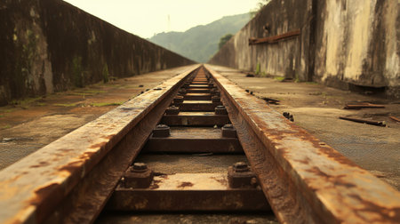 A scenic view of rusty train tracks seen from ground level, leading into a distant landscape, surrounded by overgrown vegetation and weathered structures.の素材