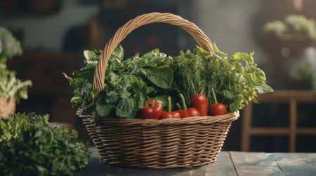 A beautifully arranged wicker basket filled with fresh vegetables, including vibrant tomatoes and various greens, showcasing natural light and earthy tones.の素材