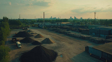 This aerial image captures an industrial site filled with piles of gravel and earth during a picturesque sunset, showcasing the dynamics of warehouse operations.の素材