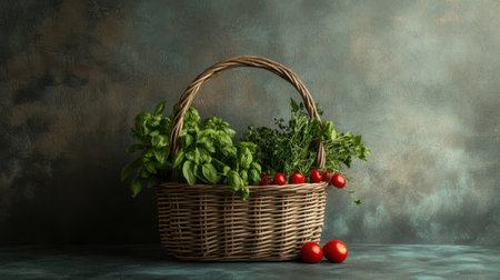 A beautifully arranged basket filled with fresh basil, cherry tomatoes, and assorted herbs set against a moody backdrop, perfect for culinary inspiration.の素材