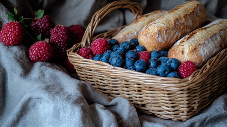 A rustic scene featuring freshly baked bread nestled in a woven basket, surrounded by vibrant raspberries and blueberries on soft fabric.の素材