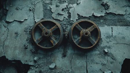This image showcases two rusty vintage pulleys mounted on a cracked concrete wall, embodying the essence of industrial decay in an abandoned setting.の素材