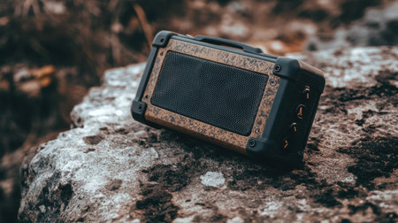 A modern portable Bluetooth speaker rests on a rock surface, showcasing a sleek design ideal for outdoor adventures and leisure activities.の素材
