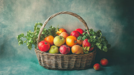 A beautifully arranged basket filled with a variety of fresh fruits, including apples, oranges, and lemons, surrounded by vibrant greenery. Perfect for a healthy lifestyle or food-related projects.の素材