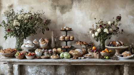 A beautifully arranged table features an array of baked goods, seasonal fruits, and elegant floral displays, perfect for a rustic dining experience.の素材