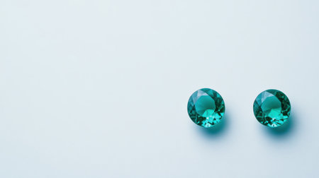 This image captures a stunning close-up of two aqua colored gems, showcasing their intricate facets and brilliant sparkle against a soft blue background.の素材
