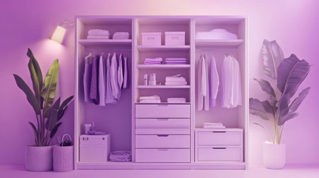 A visually stunning minimalist closet featuring organized shelves and drawers, accented by soft purple lighting and lush indoor plants. This design promotes functionality and aesthetic appeal.の素材