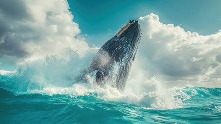 A stunning image capturing a humpback whale breaching out of the vibrant ocean waves. The scene showcases the beauty of marine life under an expansive sky filled with clouds.の素材