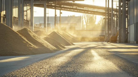 An industrial warehouse captures piles of bulk materials under warm sunlight, showcasing the detailed textures and the vibrant atmosphere of manufacturing.の素材