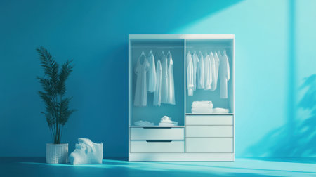 This image showcases a modern wardrobe featuring neatly arranged white clothing and minimalist decor against a vibrant blue backdrop, creating a serene atmosphere.の素材
