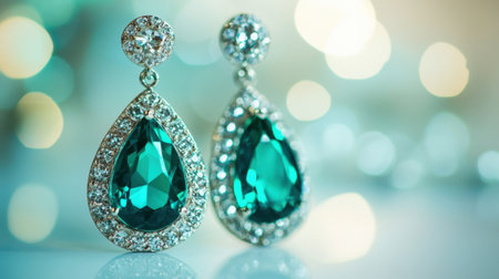 This image showcases elegant teardrop earrings featuring striking green gemstones surrounded by sparkling crystals, highlighting the exquisite craftsmanship.の素材
