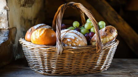 A charming still life featuring an assortment of freshly baked bread and vibrant grapes arranged in a rustic woven basket, enhancing a cozy kitchen atmosphere.の素材