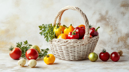 A beautiful woven basket overflowing with fresh vegetables, including red, yellow, and green peppers, along with ripe tomatoes and herbs, sits against a rustic background, providing a perfect composition for culinary displays and healthy eating concepts.の素材