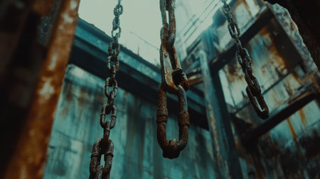Captivating view of rusty chains suspended in an abandoned industrial space, illuminated by soft natural light, highlighting the contrasts of decay and age.の素材