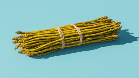 A fresh bundle of green asparagus tied with string sits against a light blue background, perfect for highlighting healthy eating and culinary creativity.の素材