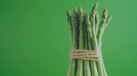 A close-up image of fresh green asparagus bundled with twine against a vibrant green background, ideal for promoting healthy cooking and fresh ingredients.の素材