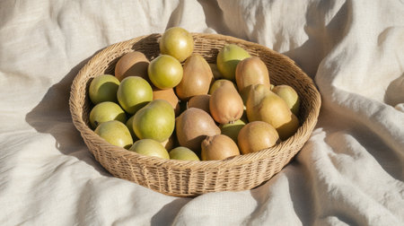 A beautiful woven basket filled with assorted fresh fruits sits on a soft natural fabric backdrop, perfect for culinary and lifestyle-themed projects.の素材