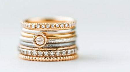 A beautiful arrangement of gold and silver rings adorned with sparkling diamonds, perfect for showcasing elegance and luxury in jewelry design.の素材
