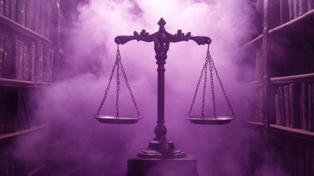 This striking image features vintage scales of justice amid captivating purple smoke in a library, evoking themes of law, balance, and mystery.の素材
