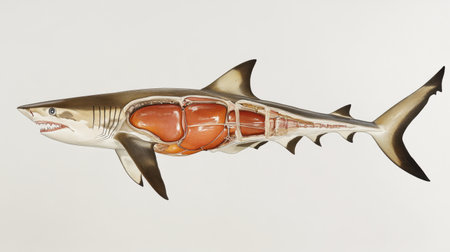 Detailed anatomical diagram of a shark, showcasing its internal organs and structure, ideal for educational and scientific purposes in biology.の素材
