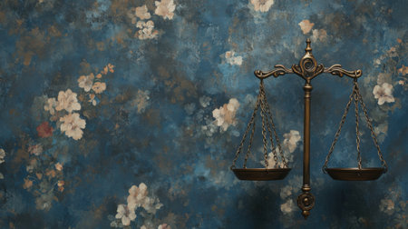 A stunning vintage scales of justice set against a textured blue floral background. This image symbolizes balance, fairness, and the beauty of law in a serene environment.の素材