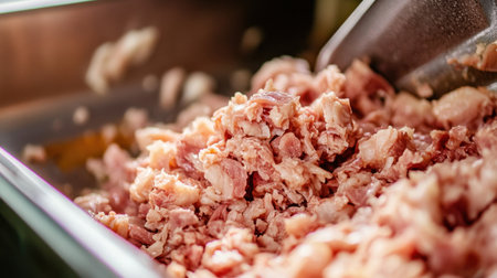 This image showcases freshly minced meat in a stainless steel container, highlighting the texture and quality of raw food for culinary purposes.の素材