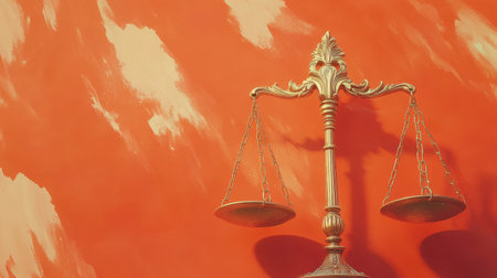 This image features a vintage gold balance scale set against a vibrant textured orange wall. It symbolizes fairness and equality in legal contexts, making it an ideal choice for themes related to justice and law.の素材