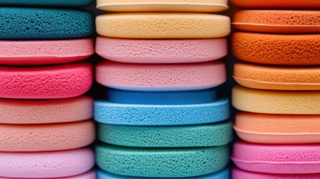 A vibrant collection of soft sponges stacked neatly, showcasing a variety of colors and textures ideal for household cleaning and care tasks.の素材