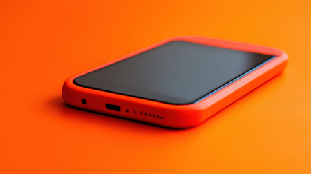 A stylish smartphone rests on a bold orange background, highlighting its modern design. The vibrant color creates an eye-catching contrast, perfect for tech enthusiasts.の素材