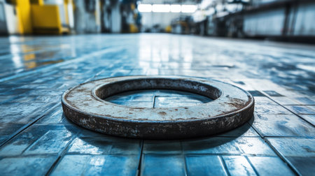 A close-up view of a metallic ring resting on a blue tiled floor, highlighting textures and reflections in an industrial workshop setting.の素材