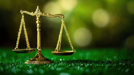 A golden scale of justice gleams against a softly blurred green background, representing fairness and the balance of law, evoking a sense of integrity.の素材