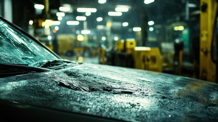 This image captures a close-up view of a wet car hood inside an industrial warehouse, showcasing reflections and blurred background lights, creating a moody atmosphere.の素材