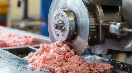 This image showcases freshly ground pink meat being processed in an industrial-grade meat grinder inside a food manufacturing facility, emphasizing sanitation and efficiency in culinary production.の素材