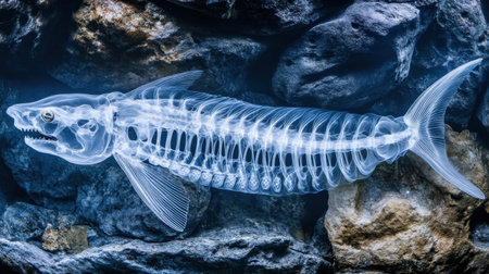 Captivating x-ray image of a fish showcasing its detailed bone structure, set against a rocky background, ideal for educational and scientific purposes.の素材