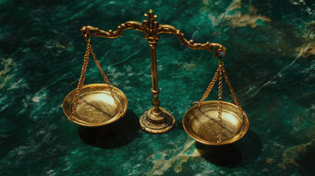 A vintage gold scales of justice elegantly positioned on a textured green marble surface. This image symbolizes law, balance, and fairness, ideal for legal themes.の素材