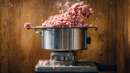 Capturing the dynamic moment of ground meat bursting from a stainless steel pot in a rustic kitchen, this image showcases the energy of culinary preparation.の素材