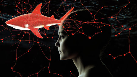 A surreal and thought-provoking artwork featuring a woman with a shark symbolizing anxiety and intrusive thoughts in a dark aquatic environment.の素材
