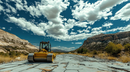 A heavy machinery operator repairs a cracked road in a stunning mountain landscape under a vibrant blue sky scattered with clouds, showcasing the importance of infrastructure work.の素材