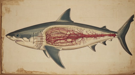 This artistic illustration captures the intricate anatomy of a shark, showcasing its internal structures, including the circulatory system. Ideal for educational purposes.の素材