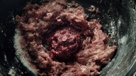 A close-up view of raw ground meat mixture in a bowl, showcasing rich textures and colors on a wooden surface, ideal for cooking and culinary presentations.の素材