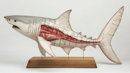 This educational anatomical model of a shark showcases its internal structures, perfect for biology studies and marine education. Ideal for display.の素材