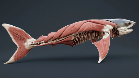 A striking anatomical illustration of a shark showcasing intricate muscle and skeletal structures, perfect for educational purposes and scientific studies.の素材