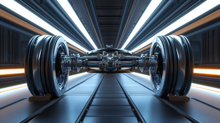This image features a futuristic vehicle undercarriage showcasing sleek wheels and dynamic lighting in a high-tech setting, symbolizing innovation and modern design.の素材
