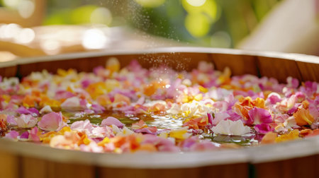 Immerse yourself in tranquility with this serene water basin filled with vibrant petals, capturing the essence of relaxation and natural beauty.の素材