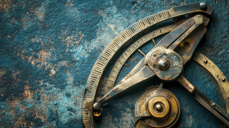 This image showcases a vintage brass compass and protractor resting on a textured blue background, highlighting the intricacies of antique navigation instruments.の素材