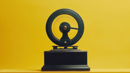 A visually striking vintage gramophone presented on a vibrant yellow background, showcasing its elegant design and nostalgic charm for music enthusiasts.の素材