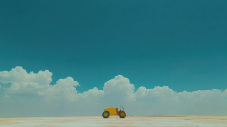 A vibrant yellow tractor stands prominently in an expansive landscape, set against a stunning blue sky filled with fluffy white clouds. The scene embodies tranquility and isolation in rural agriculture.の素材
