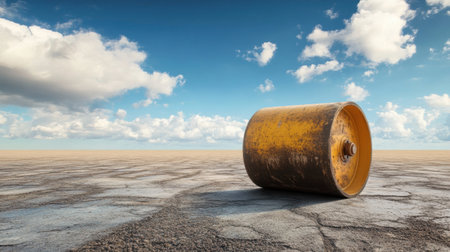 A rusty yellow roller rests on cracked earth, creating a striking contrast against a bright blue sky. The scene evokes a sense of abandonment.の素材