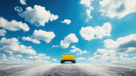 A vibrant yellow construction vehicle stands alone on an open highway, set against a striking blue sky filled with fluffy white clouds. The scene captures a moment of solitude and adventure.の素材