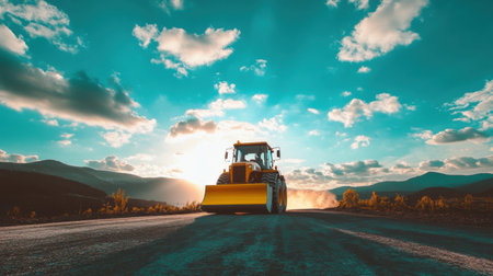 A heavy machinery operator controls a powerful front loader on a dirt road amidst a stunning sunset, with mountains silhouetted against the vibrant sky.の素材
